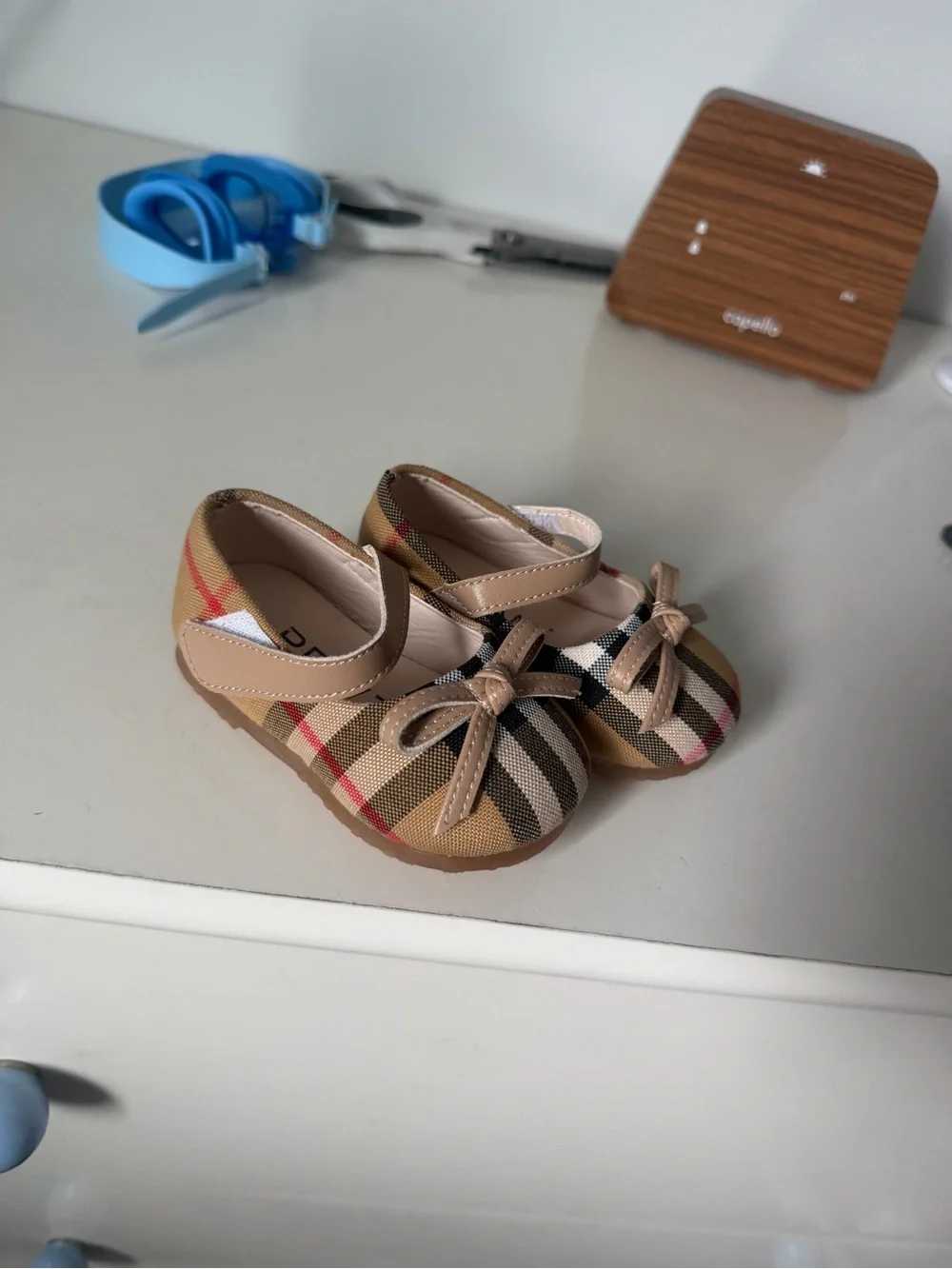 Classic Plaid Baby Mary Janes with Beige Bow Strap